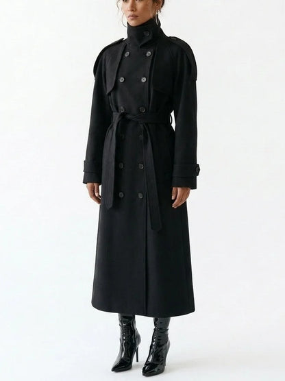 Belted Long Double Breasted Wool Blend Coat - Coats