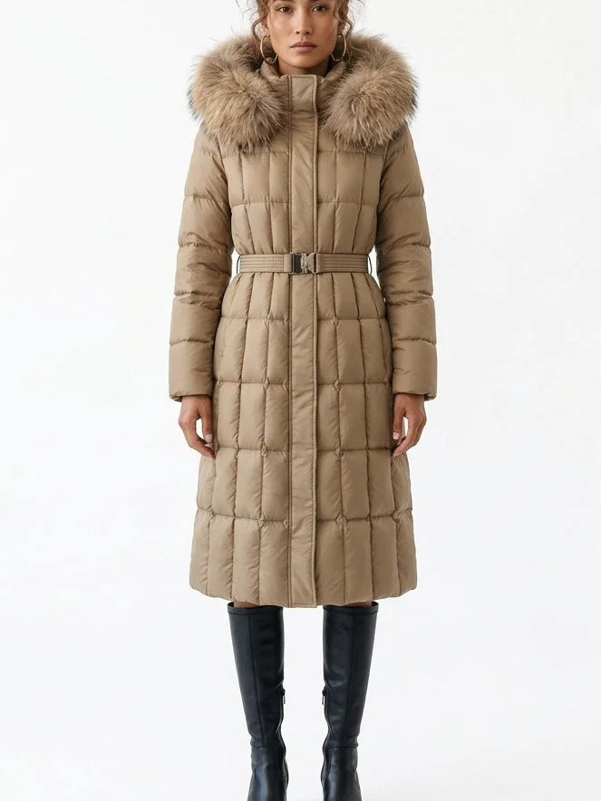 Belted Long Down Coat with Fur Trim Hood - S / Khaki Beige - Coats