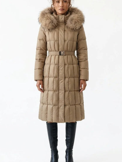 Belted Long Down Coat with Fur Trim Hood - S / Khaki Beige - Coats