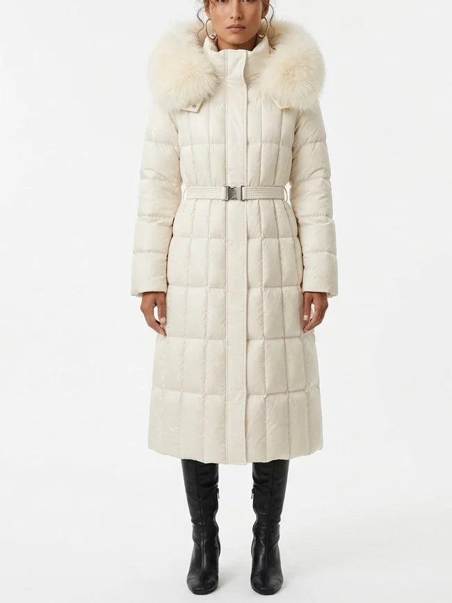 Belted Long Down Coat with Fur Trim Hood - S / White - Coats