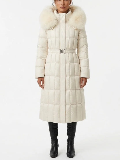 Belted Long Down Coat with Fur Trim Hood - S / White - Coats