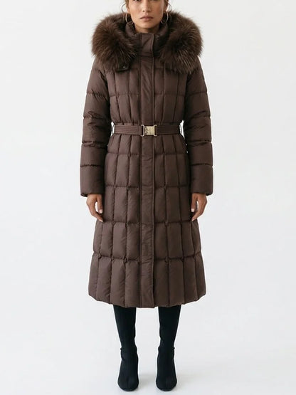 Belted Long Down Coat with Fur Trim Hood - S / Brown - Coats