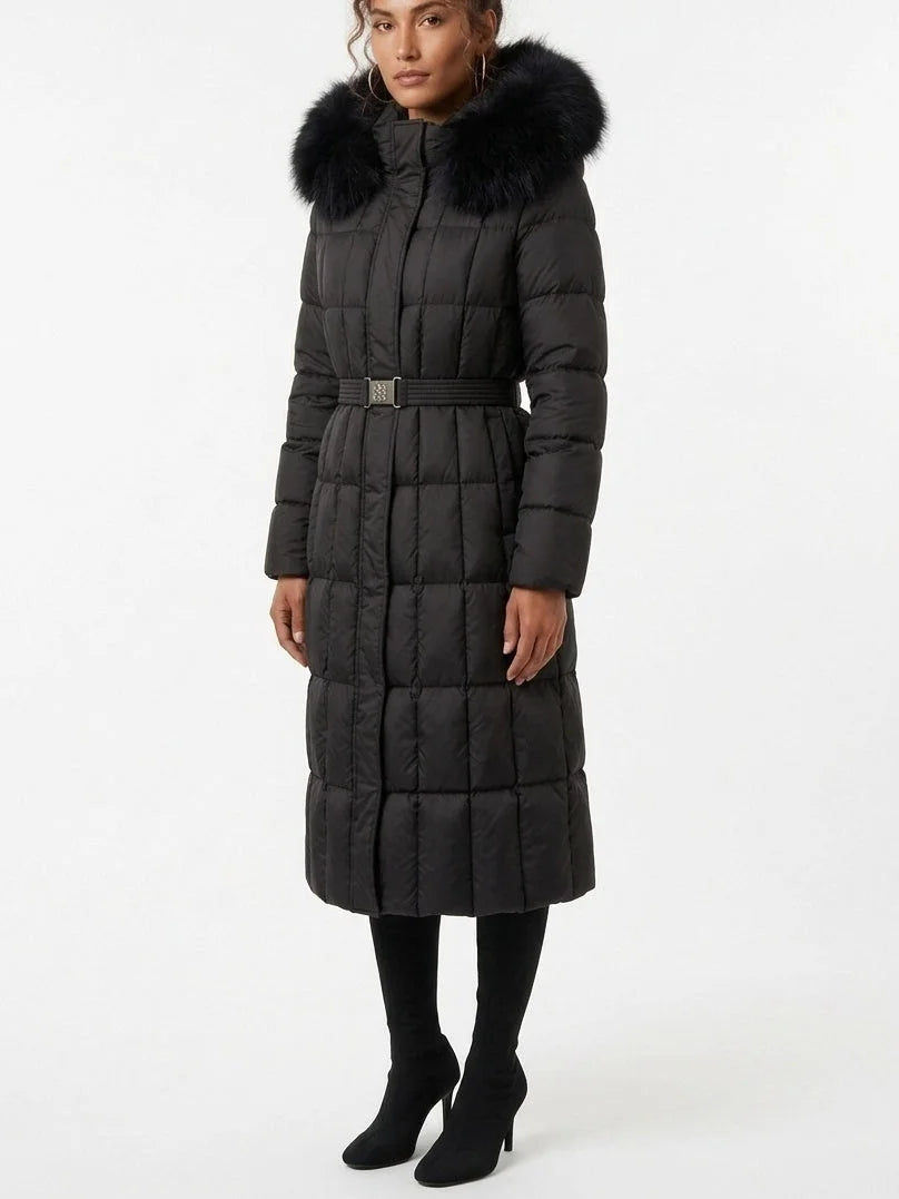 Belted Long Down Coat with Fur Trim Hood - Coats