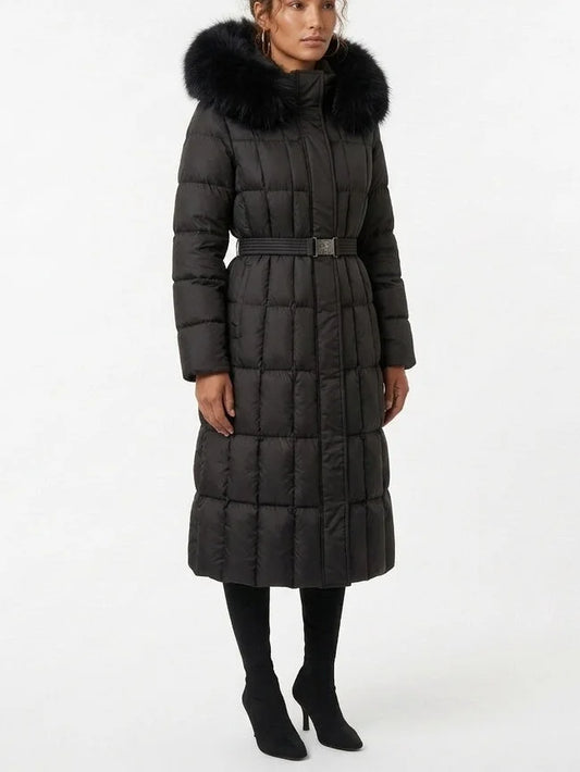 Belted Long Down Coat with Fur Trim Hood - Coats