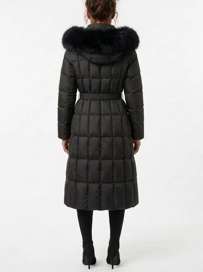 Belted Long Down Coat with Fur Trim Hood - Coats