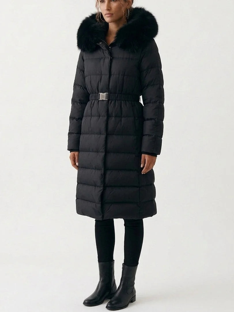 Belted Long Down Coat with Plush Fur Trim Hood - Coats