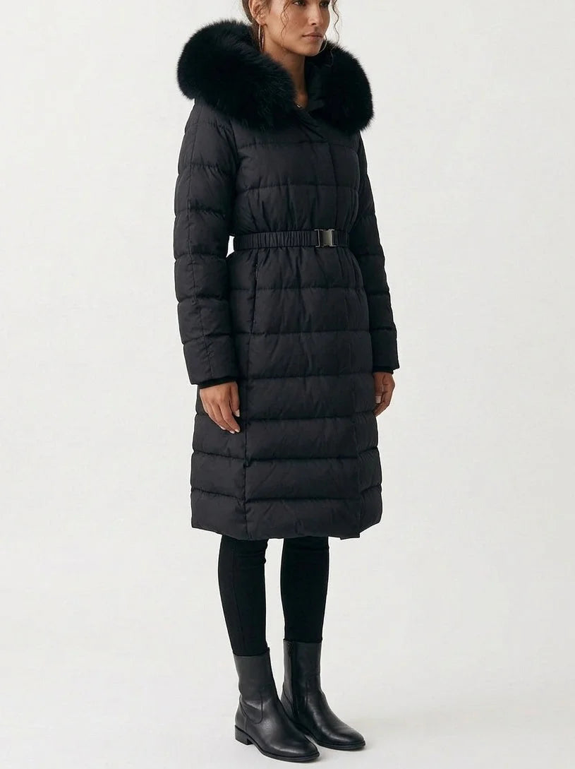 Belted Long Down Coat with Plush Fur Trim Hood - Coats