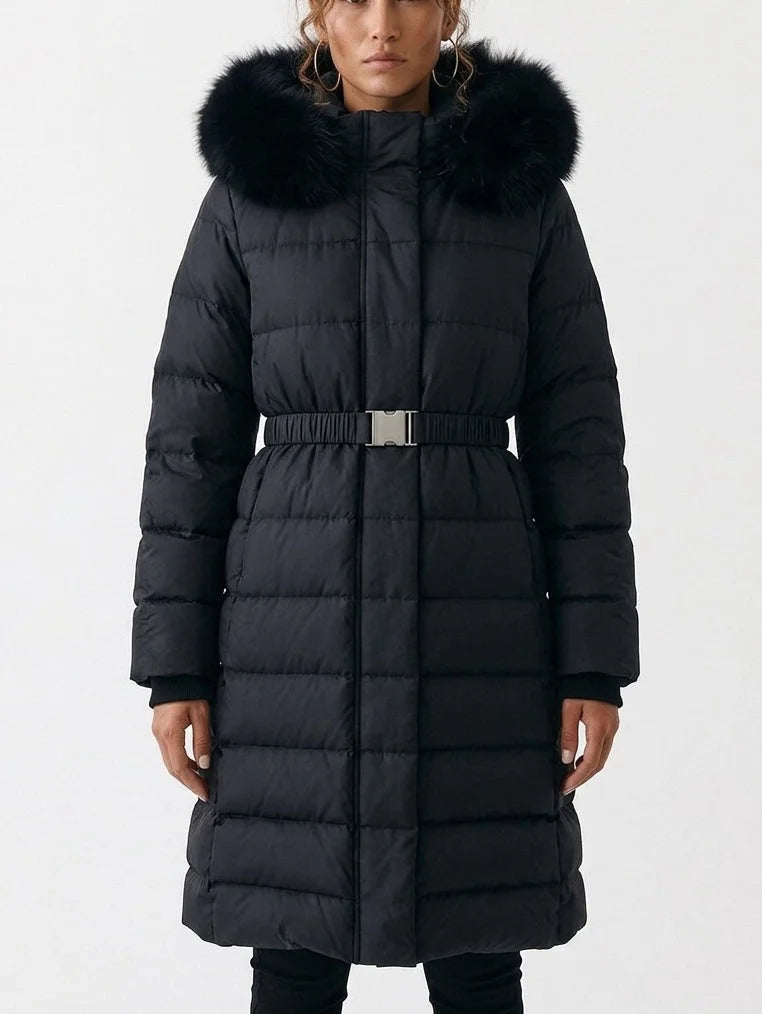Belted Long Down Coat with Plush Fur Trim Hood - Coats