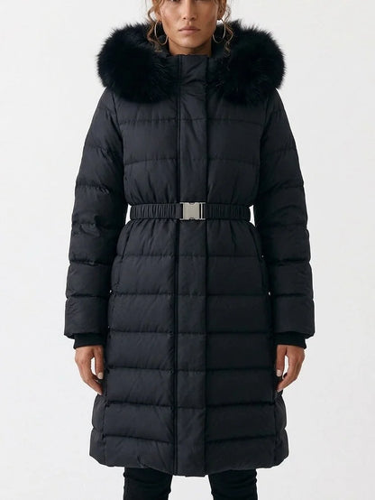 Belted Long Down Coat with Plush Fur Trim Hood - Coats
