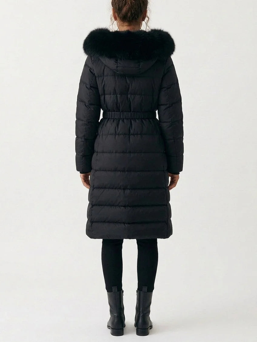 Belted Long Down Coat with Plush Fur Trim Hood - Coats