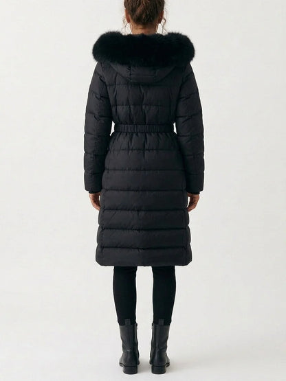 Belted Long Down Coat with Plush Fur Trim Hood - Coats