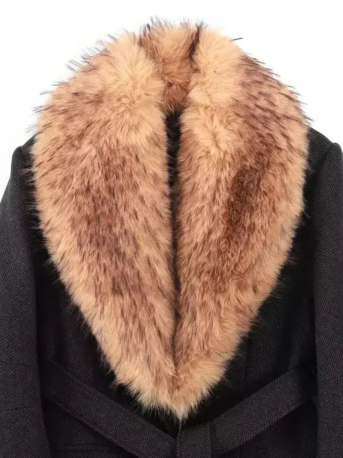 Belted Long Wool-Blend Coat with Faux-Fur Collar - Coats