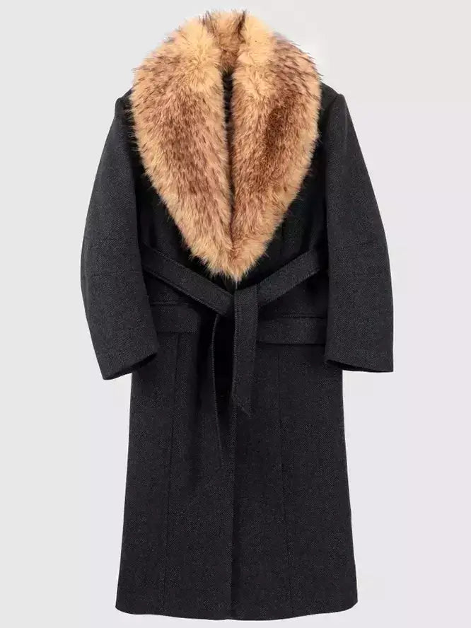 Belted Long Wool-Blend Coat with Faux-Fur Collar - Coats