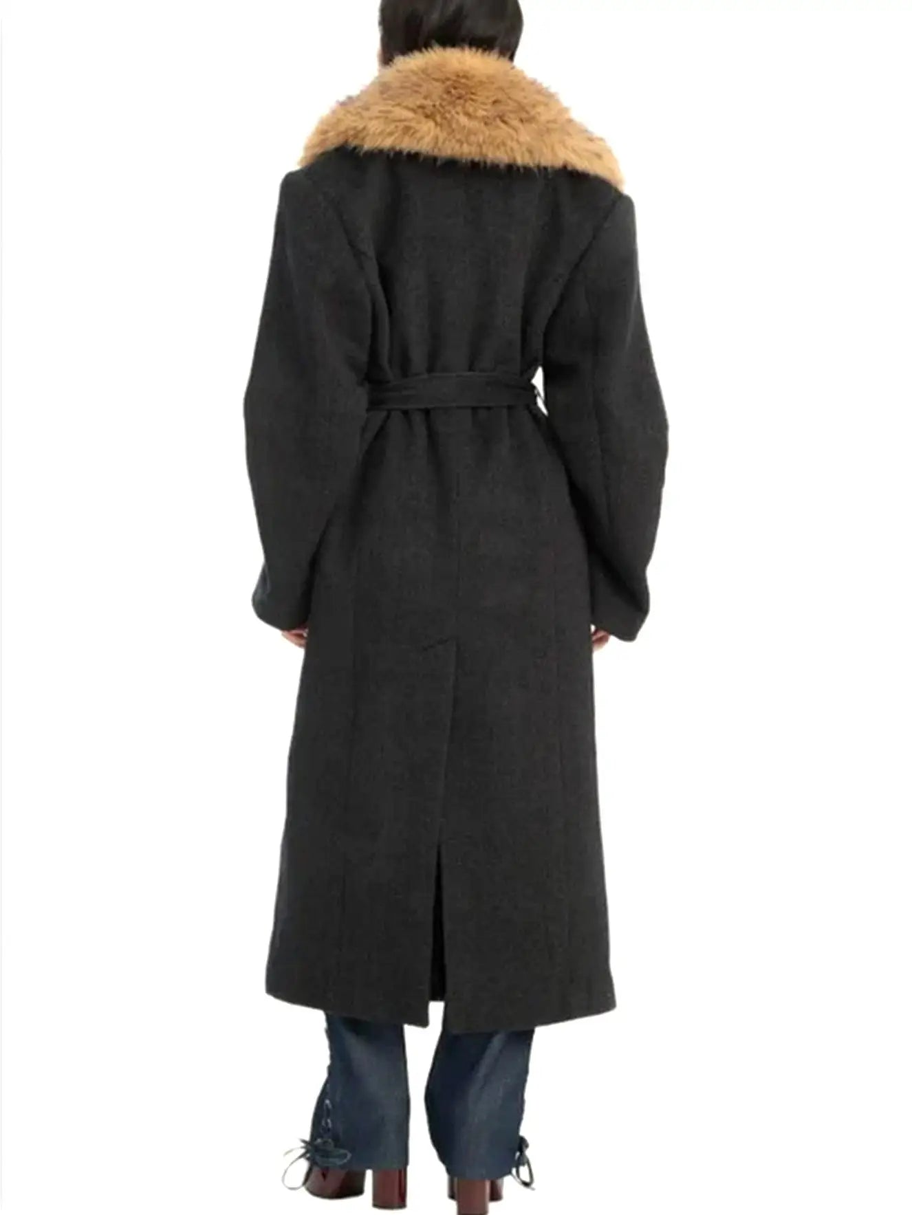 Belted Long Wool-Blend Coat with Faux-Fur Collar - Coats
