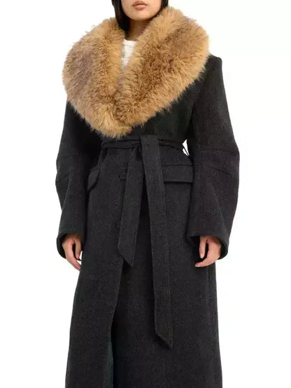 Belted Long Wool-Blend Coat with Faux-Fur Collar - Coats