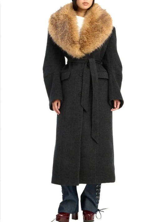 Belted Long Wool-Blend Coat with Faux-Fur Collar - Coats