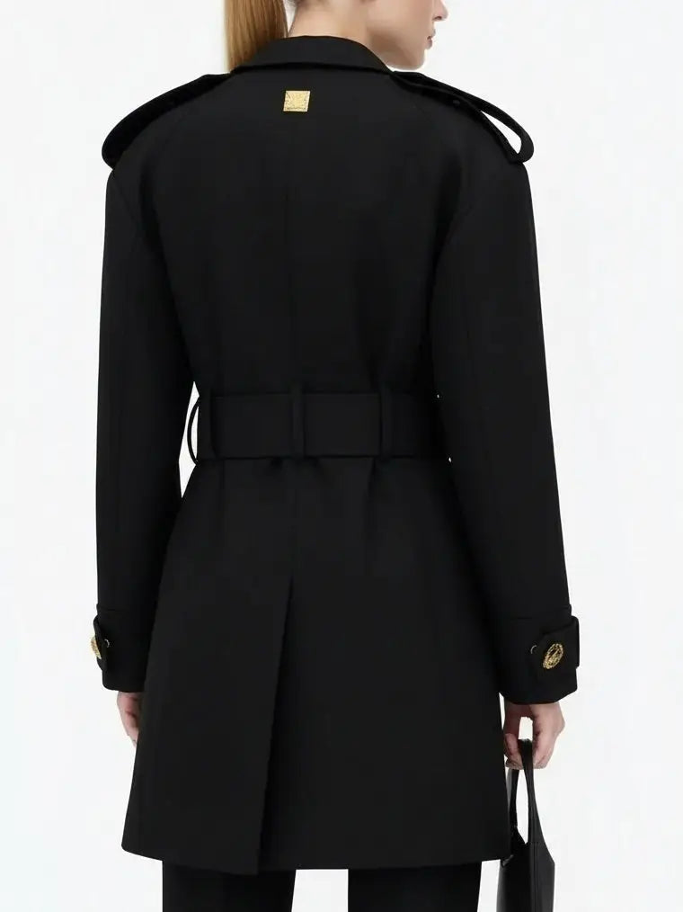 Belted Military-Style Coat with Gold Crest Buttons - Coats