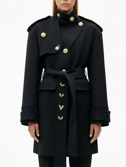 Belted Military-Style Coat with Gold Crest Buttons - Coats