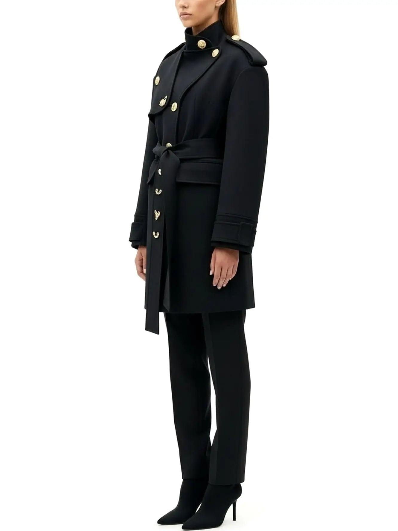 Belted Military-Style Coat with Gold Crest Buttons - Coats