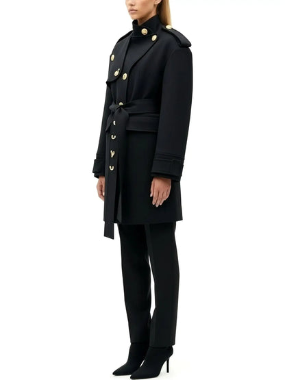 Belted Military-Style Coat with Gold Crest Buttons - Coats