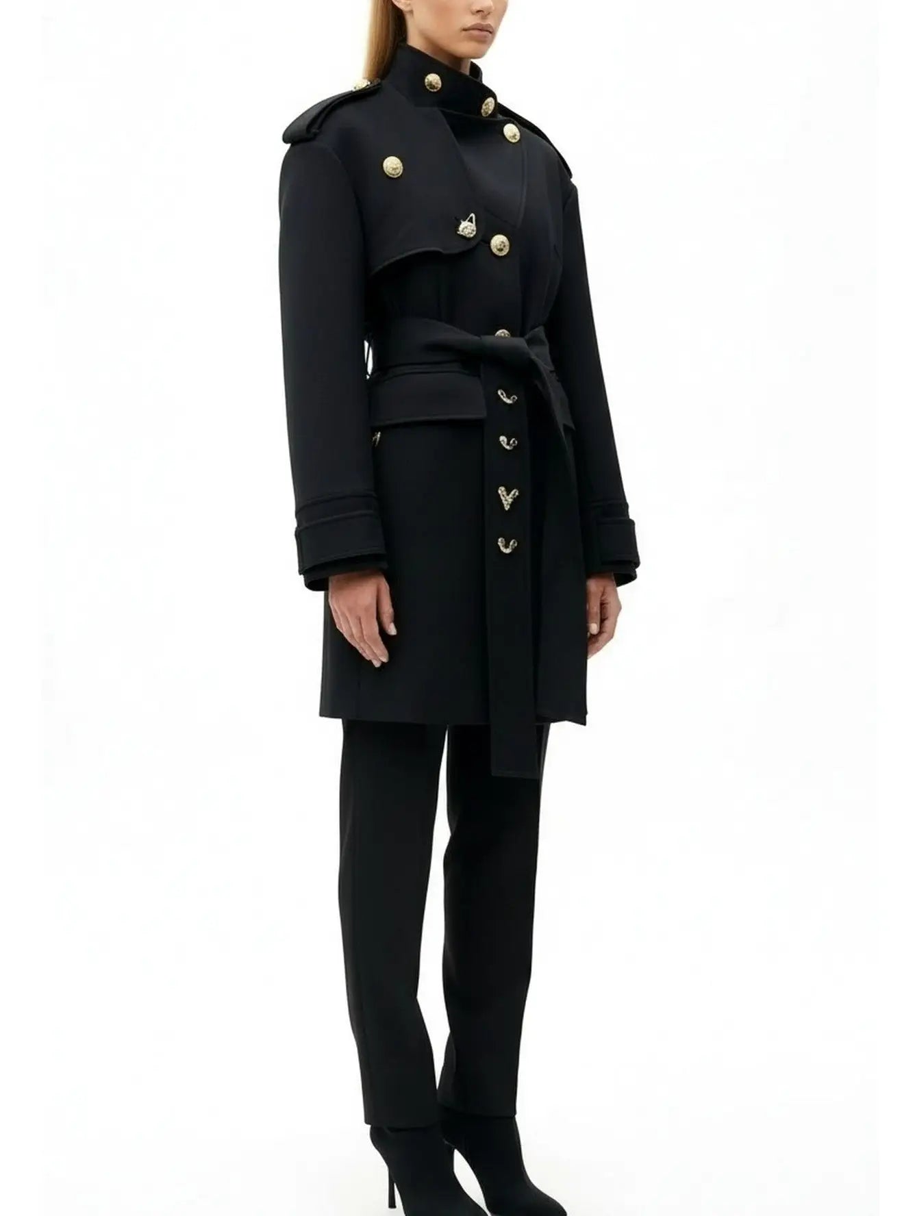Belted Military-Style Coat with Gold Crest Buttons - Coats