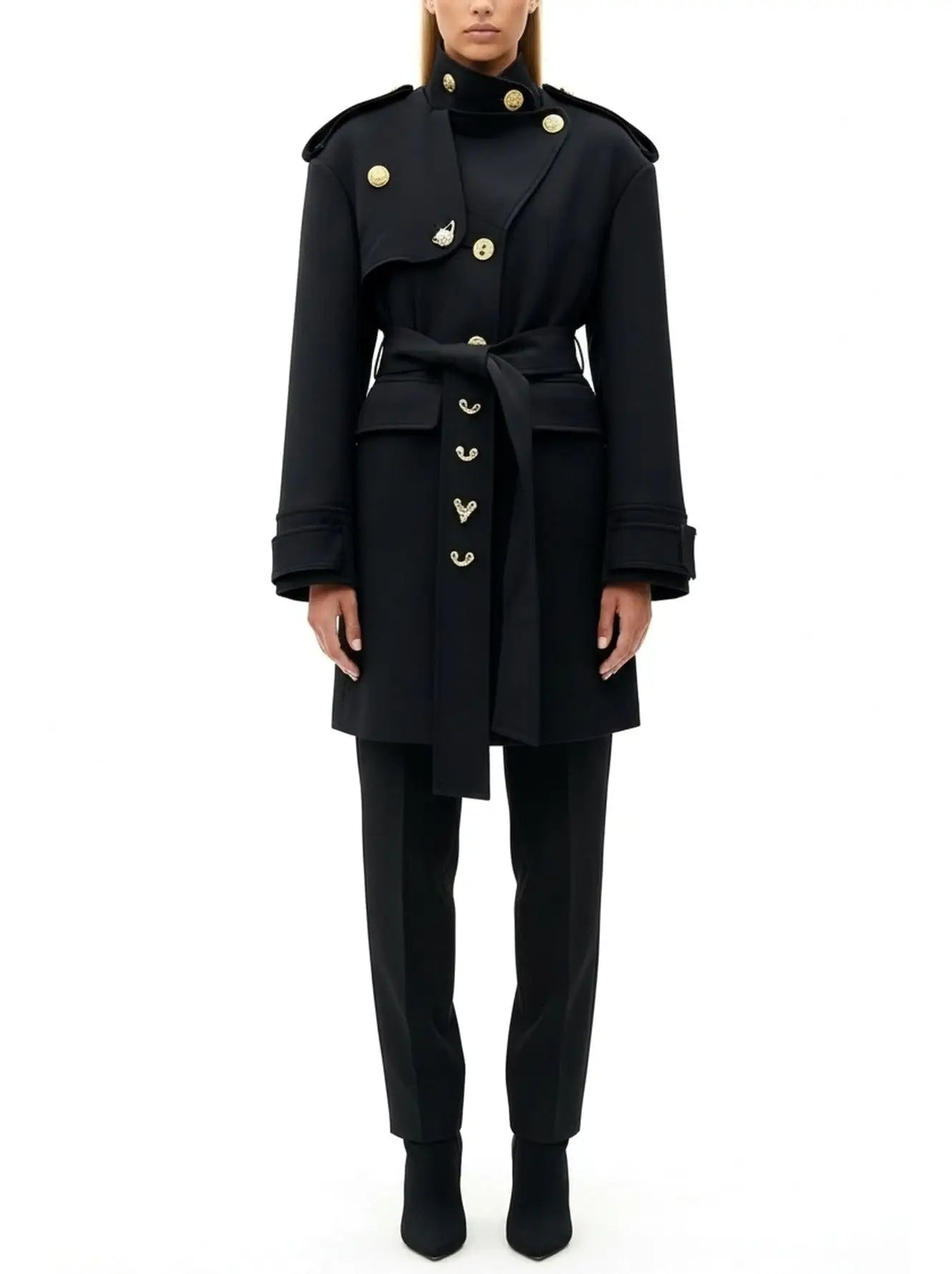 Belted Military-Style Coat with Gold Crest Buttons - Coats