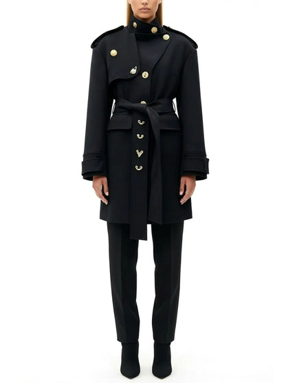 Belted Military-Style Coat with Gold Crest Buttons - Coats