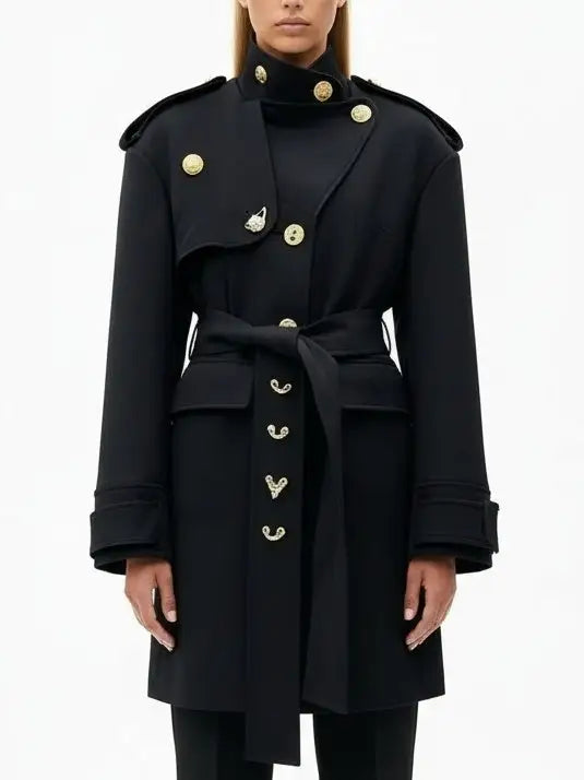 Belted Military-Style Coat with Gold Crest Buttons - Small - Coats