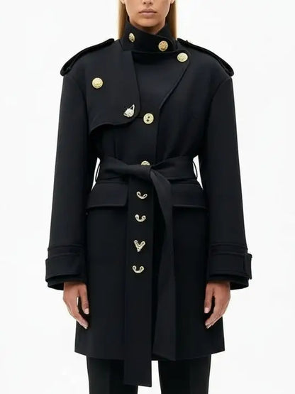 Belted Military-Style Coat with Gold Crest Buttons - Small - Coats