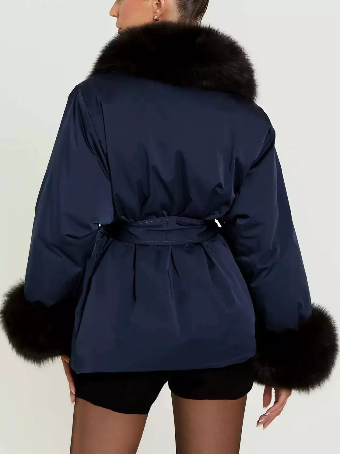 Belted Navy Down Jacket with Fur Trim - Jackets