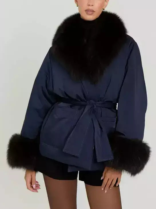 Belted Navy Down Jacket with Fur Trim - Jackets