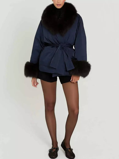 Belted Navy Down Jacket with Fur Trim - Jackets