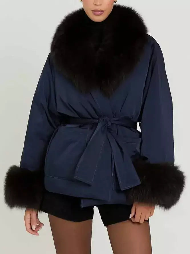 Belted Navy Down Jacket with Fur Trim - Jackets