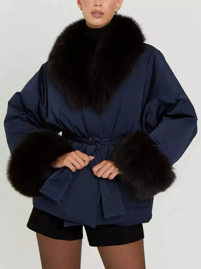 Belted Navy Down Jacket with Fur Trim - Jackets