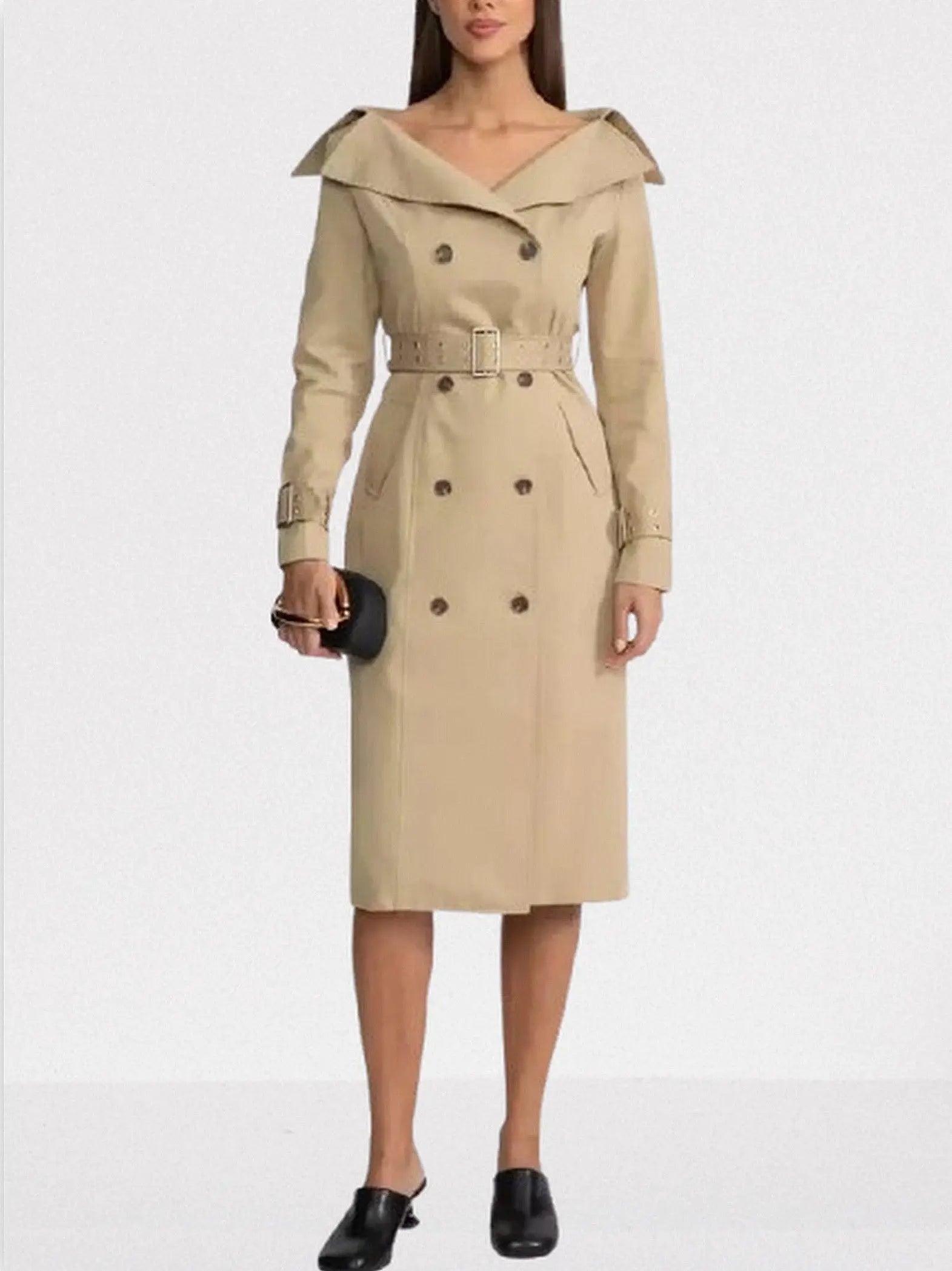 Belted Off-Shoulder Double-Breasted Trench Coat - Coats