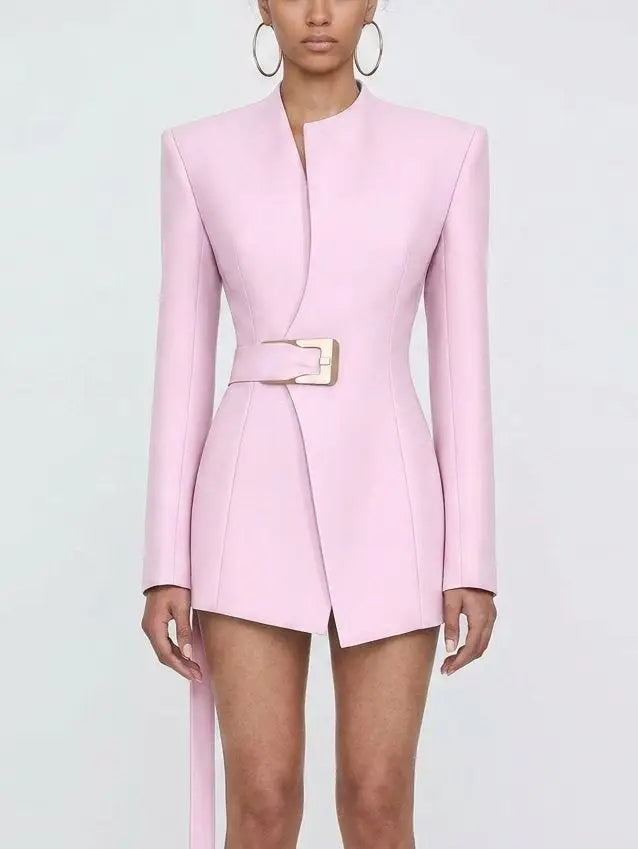 Belted Pink Tailored Blazer with Gold Buckle - Jackets