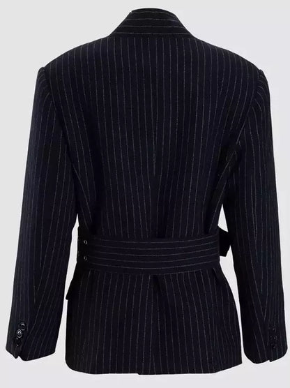 Belted Pinstripe Wool-Blend Blazer
