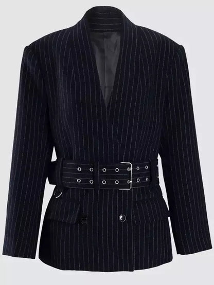Belted Pinstripe Wool-Blend Blazer