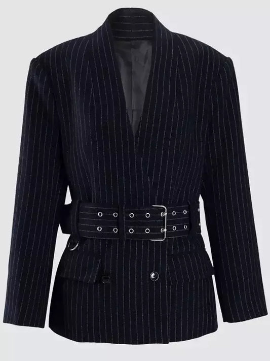 Belted Pinstripe Wool-Blend Blazer
