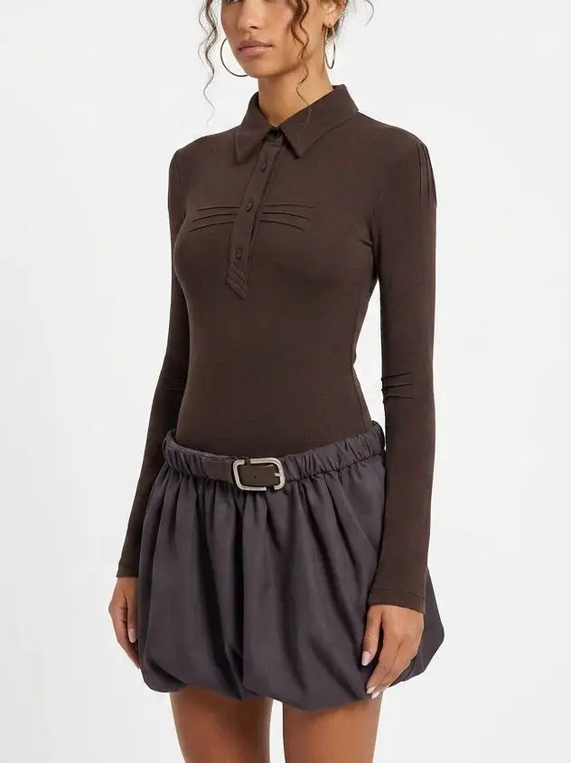 Belted Polo Collar Open Back Balloon Hem Mini Dress - Dresses