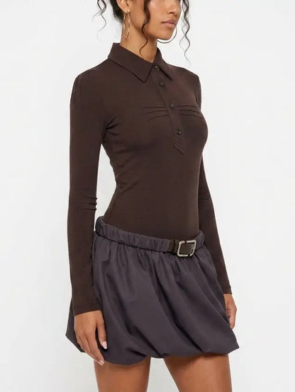 Belted Polo Collar Open Back Balloon Hem Mini Dress - Dresses