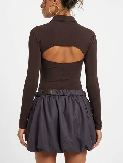 Belted Polo Collar Open Back Balloon Hem Mini Dress - Dresses