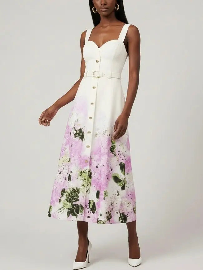 Belted Printed Linen-Blend Midi Dress - Dresses