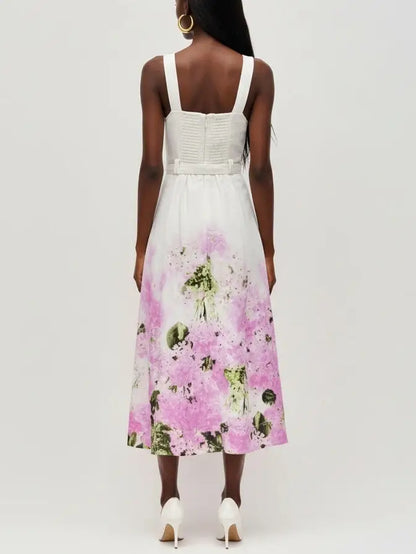 Belted Printed Linen-Blend Midi Dress - Dresses