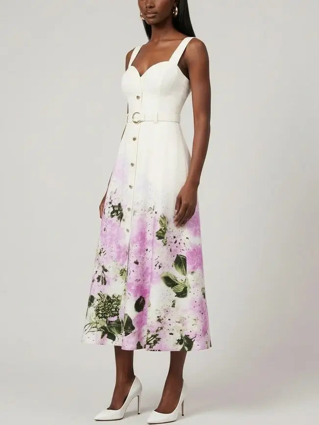 Belted Printed Linen-Blend Midi Dress - Dresses