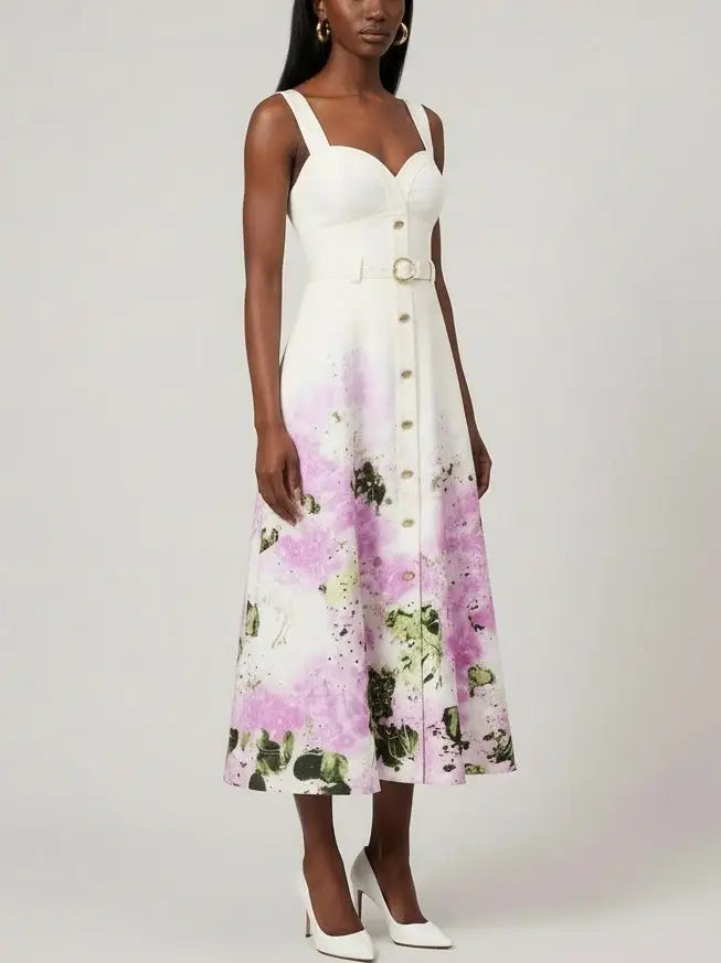 Belted Printed Linen-Blend Midi Dress - Dresses