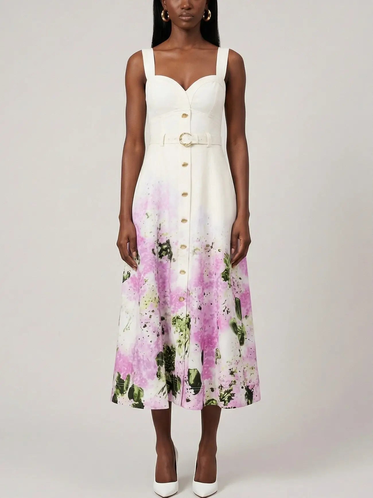 Belted Printed Linen-Blend Midi Dress - Dresses