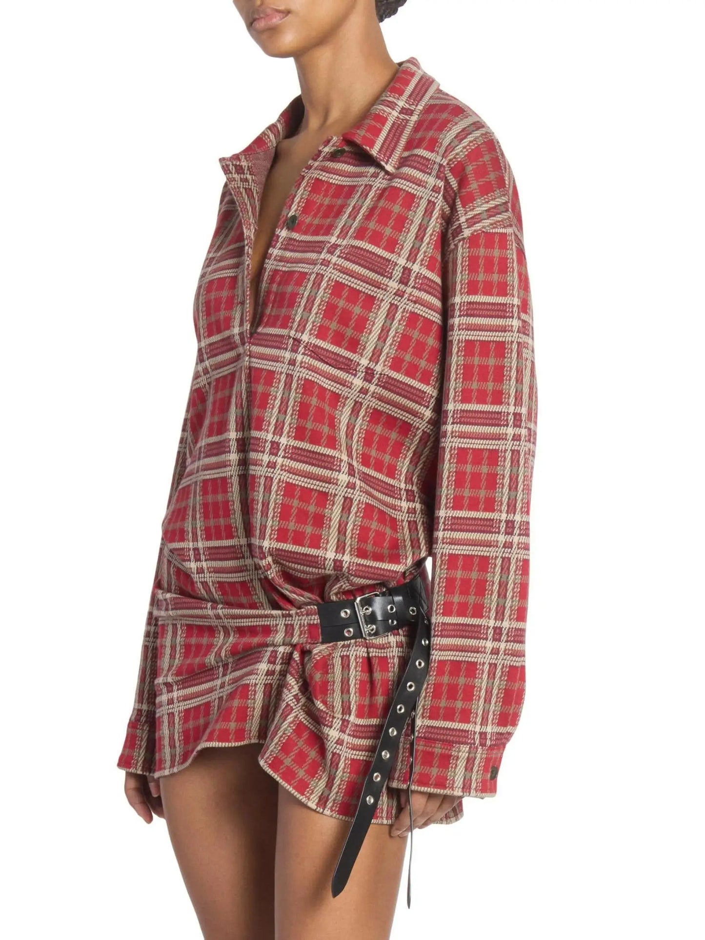 Belted Red Tartan Mini Shirt Dress - Dresses