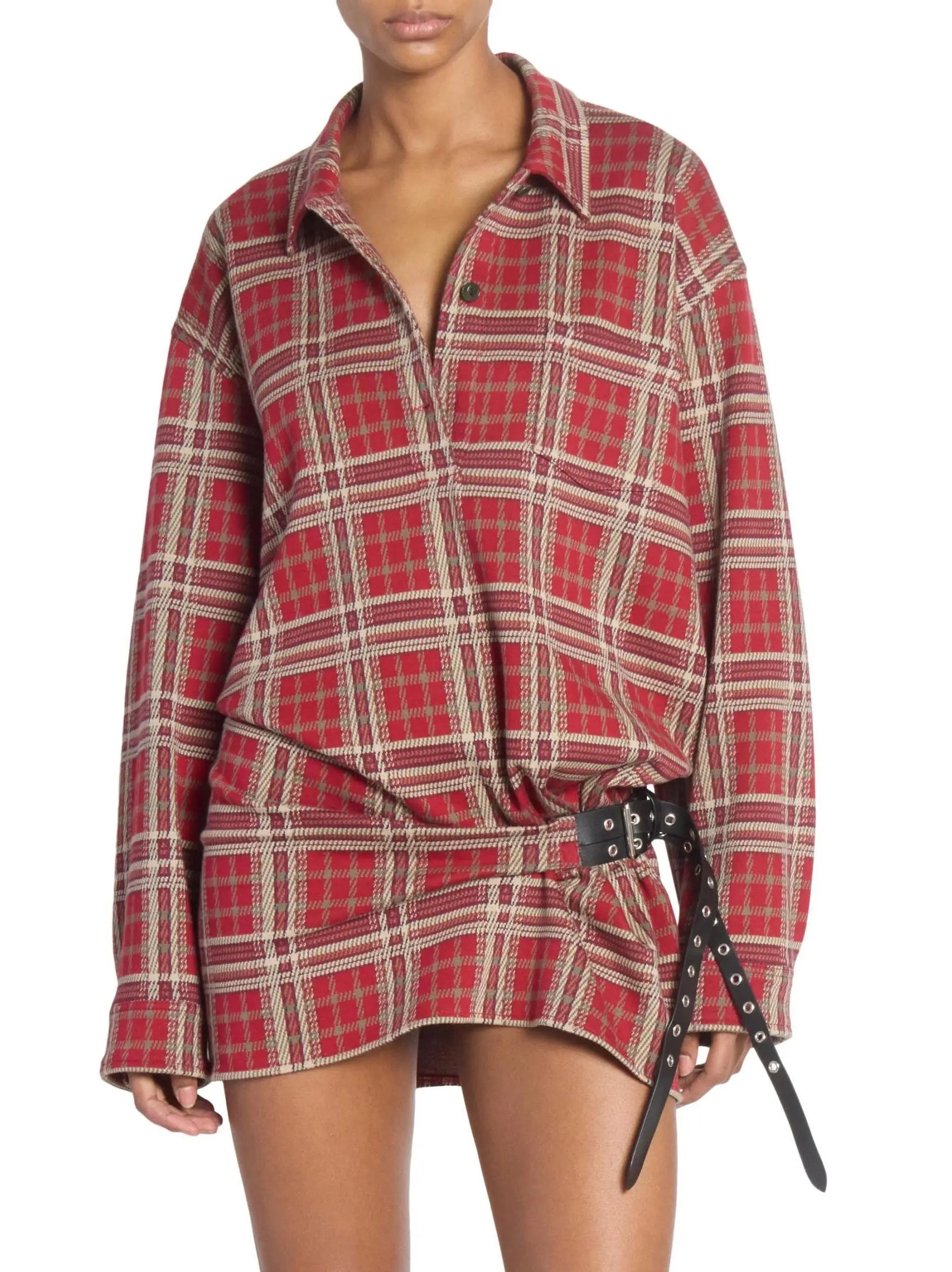 Belted Red Tartan Mini Shirt Dress - Dresses