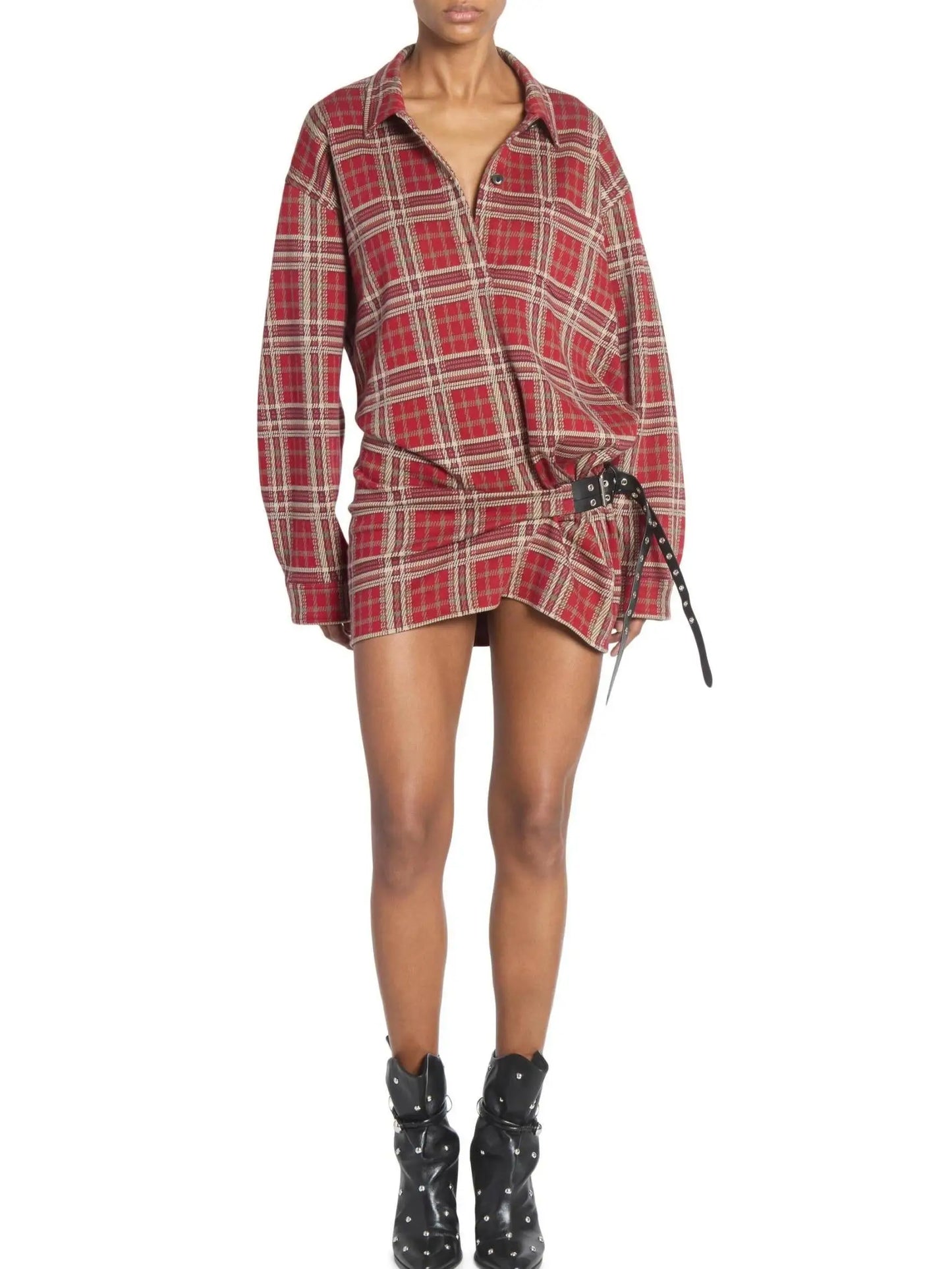 Belted Red Tartan Mini Shirt Dress - Dresses
